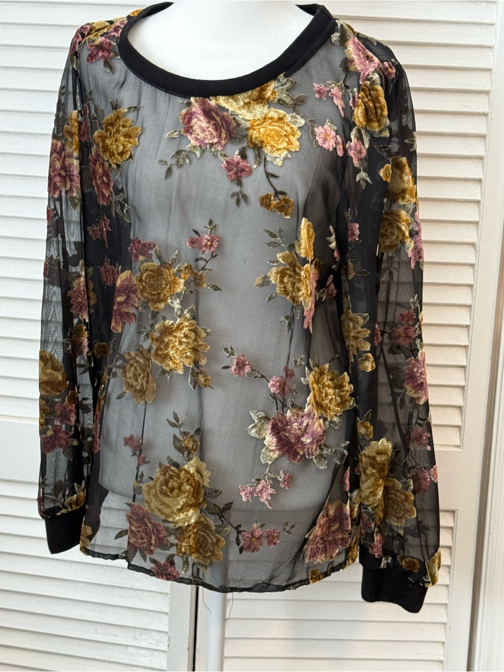 Velvet Burnout Top Women’s Size M  Dark Sheer Whimsigoth Romantic Floral.